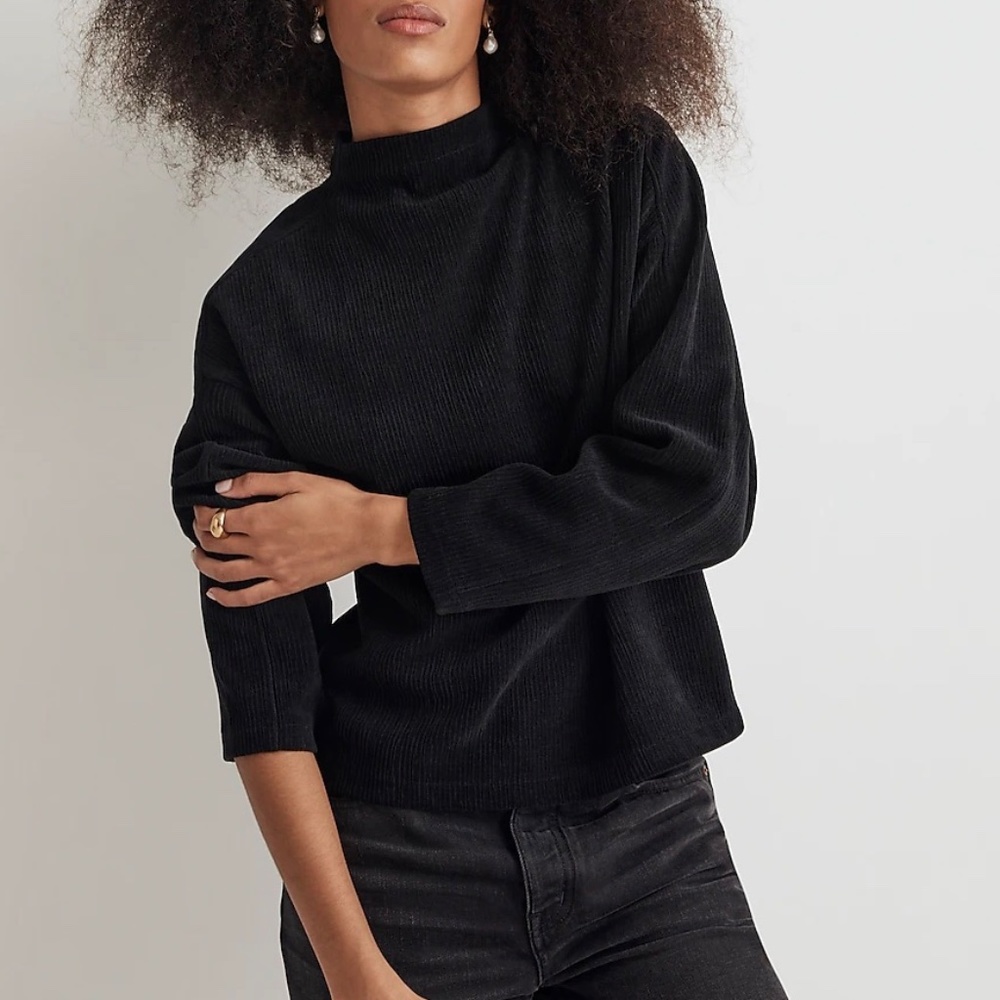 Madewell Striped Jacquard Funnelneck Top in True Black Size XS